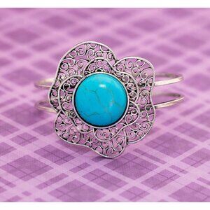 Vintage Floral Wavy Style Circle Blue Hinged Bangle 7 1/2 inch - BX9